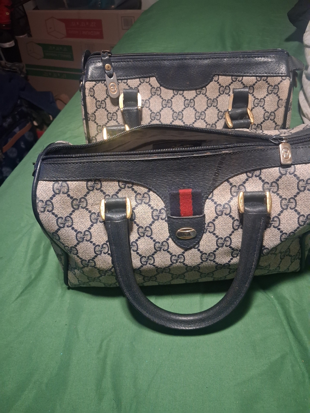 Gucci Monogram Satchel in Beige, Black and Red Stripe